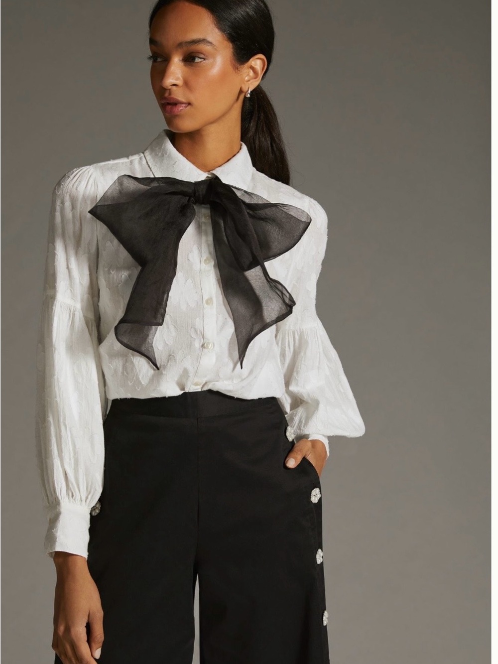 Forever That Girl White Textured Puff-Sleeve Blouse with Black Bow